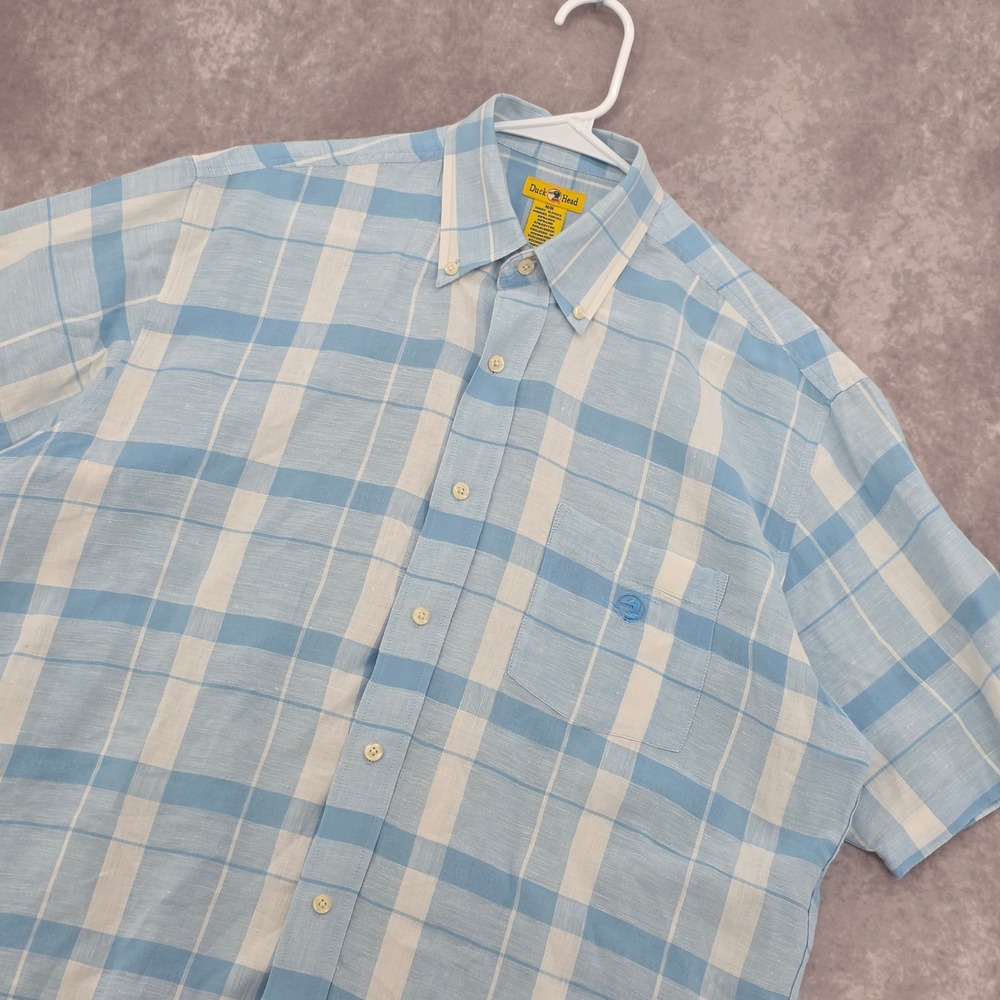 Duck Head Mens M Blue White Plaid Linen Cotton Short Sleeve‎ Button Down Shirt
